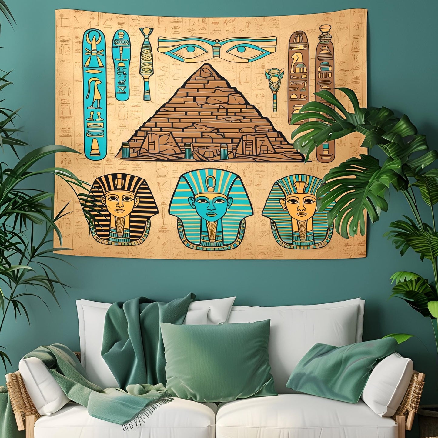 Egyptian Tapestry with Hieroglyphs, Pyramids & Pharaoh Masks, Golden Brown Turquoise Tones, Ancient Papyrus Texture Wall Art