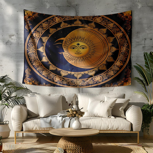 Indian Mandala Tapestry Wall Hanging, Celestial Sun Moon Decor, Spiritual Meditation Room Art, Yoga Wall Decor, Astrology Bedroom Tapestry