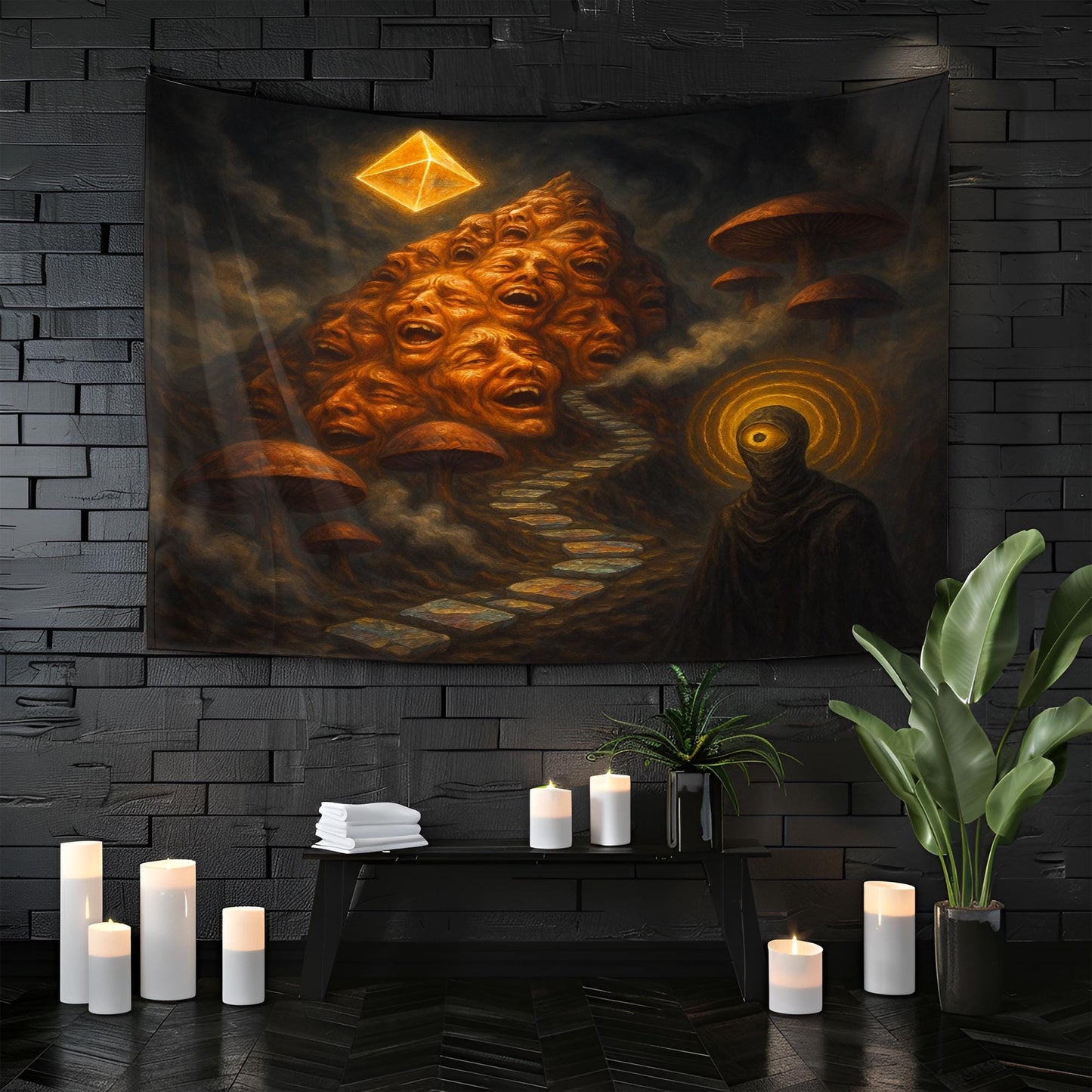 Surreal Horror Tapestry – Trippy Eyeball Figure Wall Art, Dark Psychedelic Decor, Dreamscape Faces Scene, Visionary Mushroom Tapestry