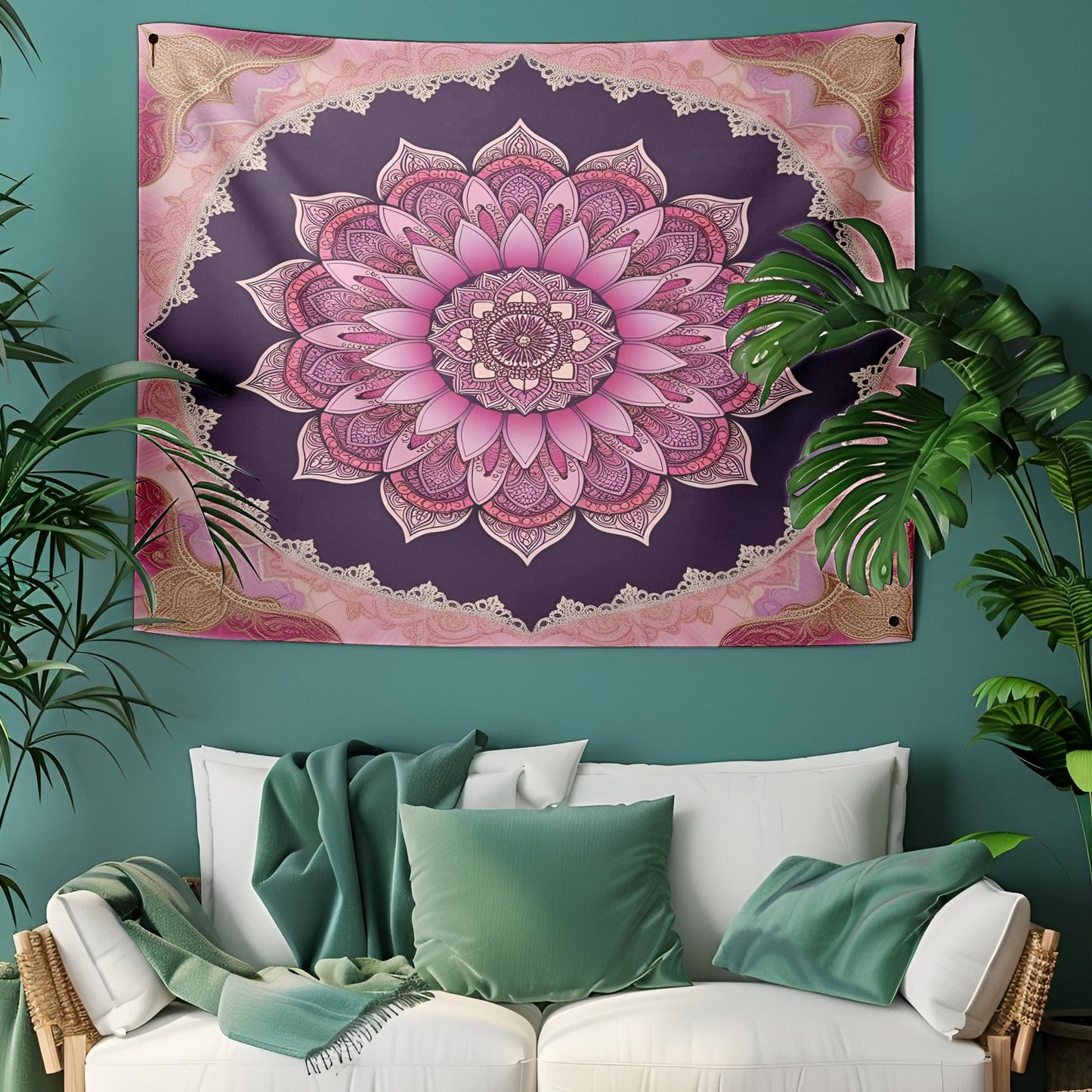 Bohemian Lotus Flower Mandala Tapestry, Intricate Paisley and Geometric Wall Hanging, Lace Inspired Pink Purple Gold Home Decor