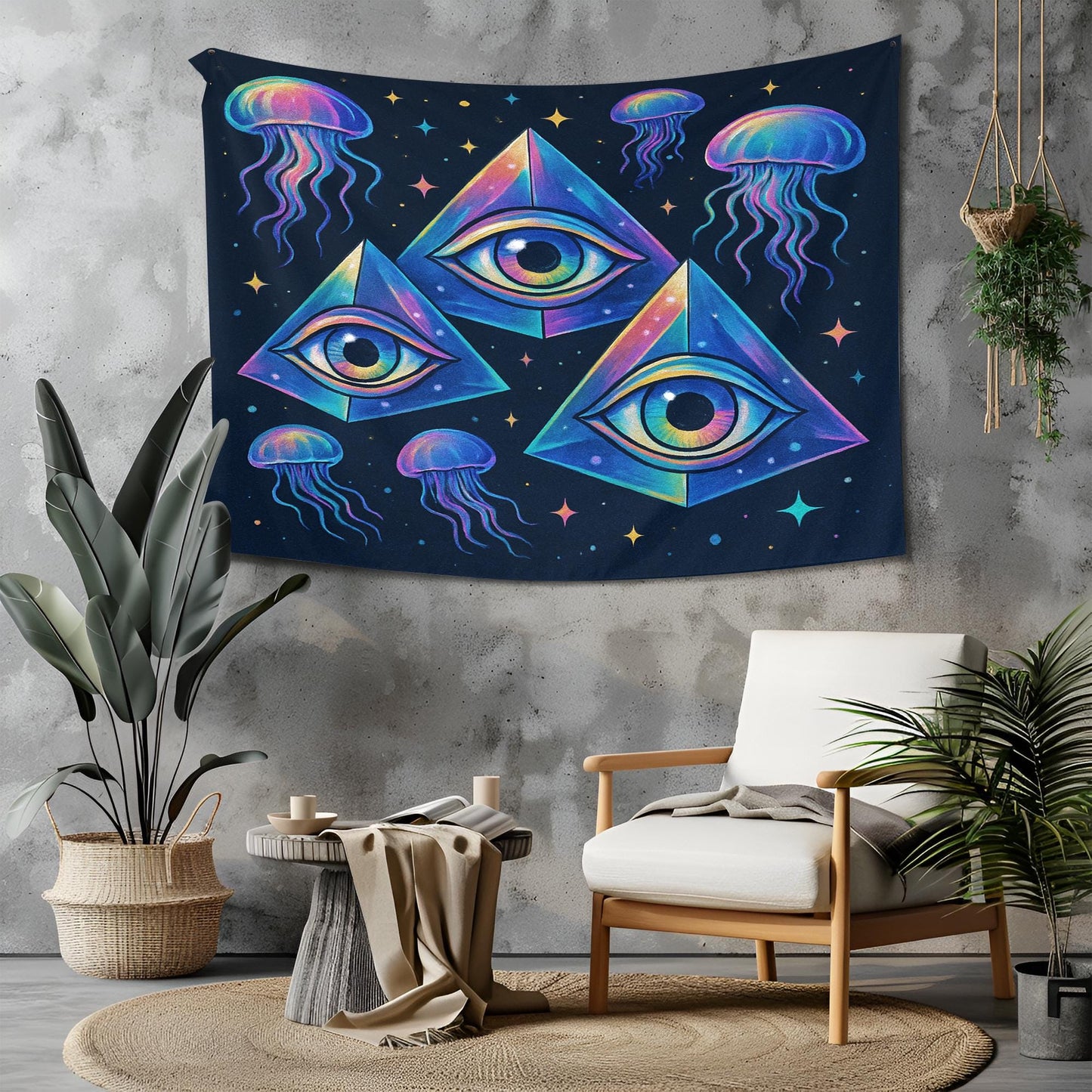 Psychedelic Eye Tapestry With Jellyfish, Trippy Third Eye Wall Hanging, Vibrant Dorm Room Decor, Cool Gift For Teens, Gamers Or Artists
