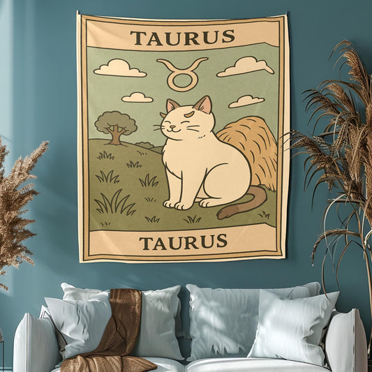 Taurus Zodiac Cat Tapestry Wall Art for Astrology Lovers and Cat Fans – Earthy Horoscope Home Decor with Cozy Celestial Vibes 95x70 Cm