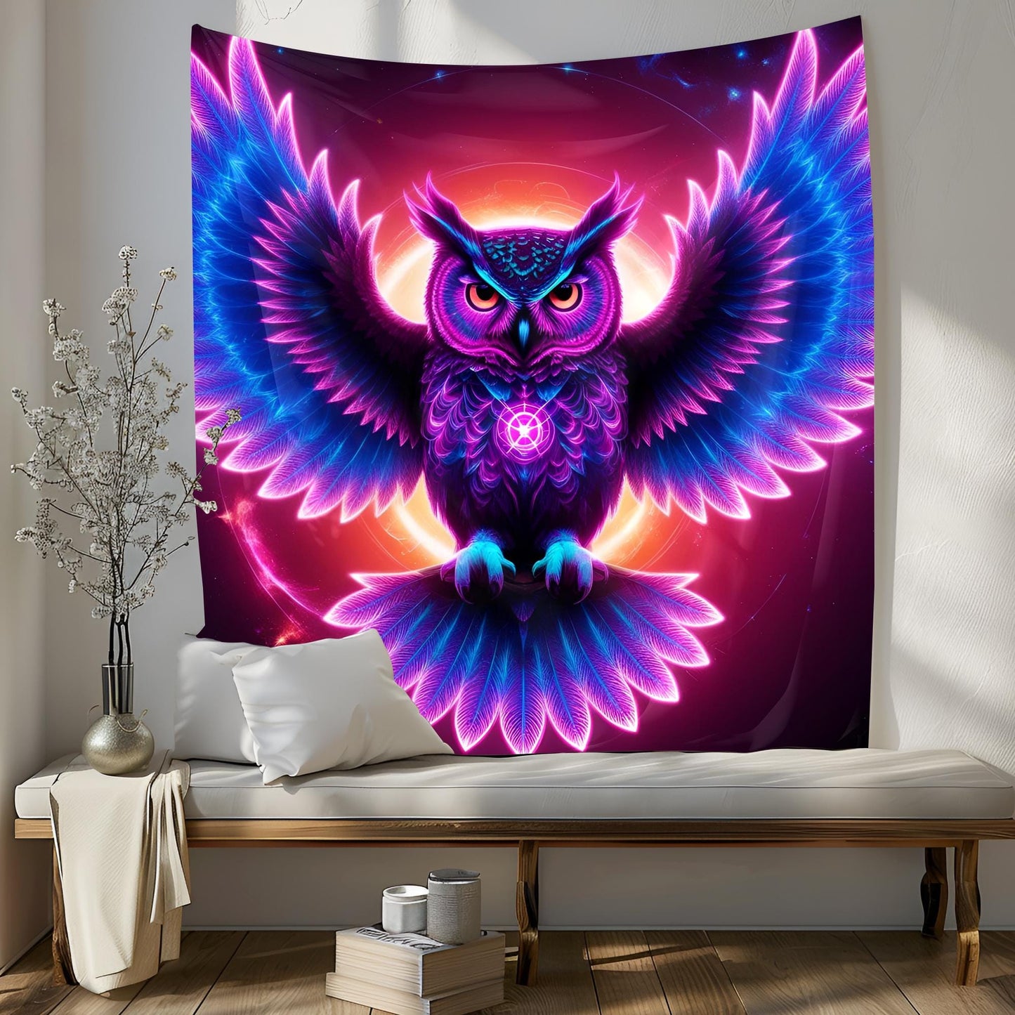 Neon Cosmic Owl Tapestry, Glowing Fractal Feathers & Hypnotic Eyes, Psychedelic Mystic Wall Art, Vibrant Light Trails Decor, Trippy Decor