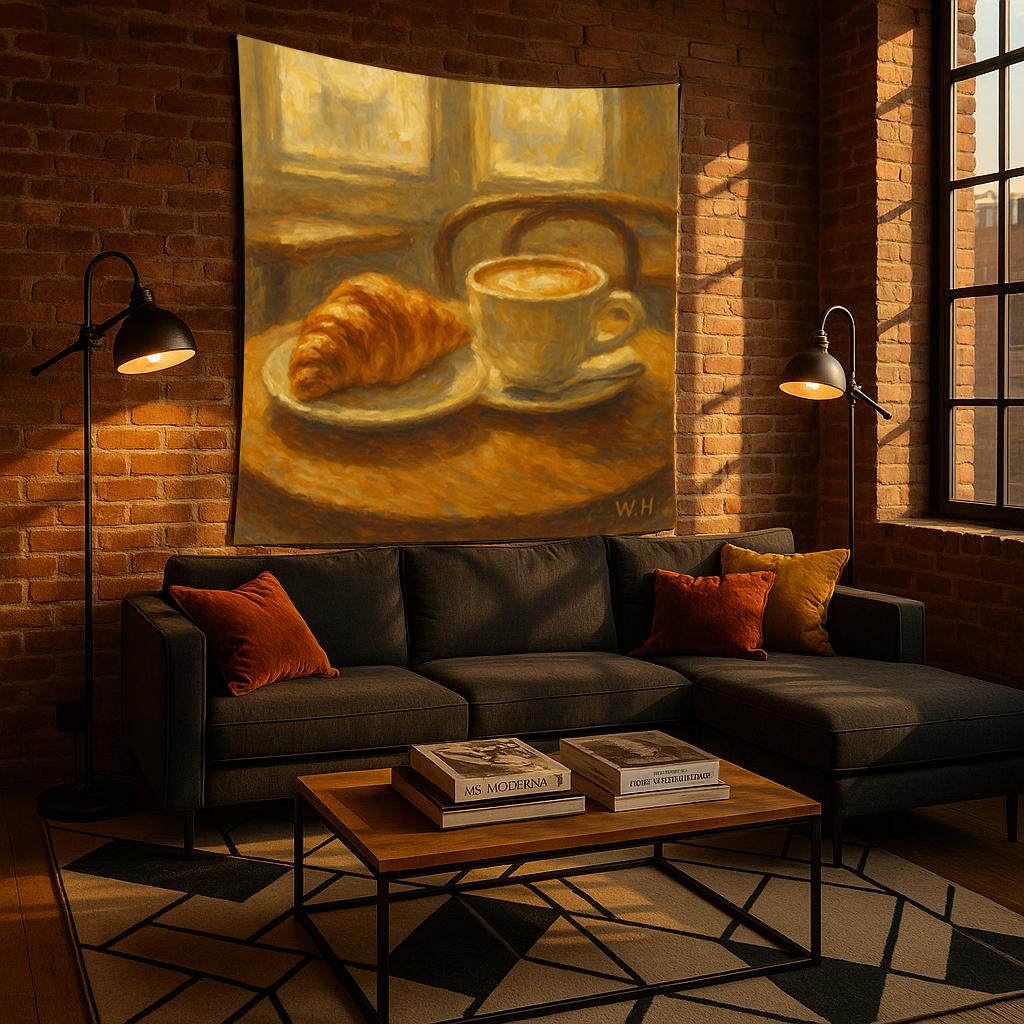 French Breakfast Tapestry Wall Art, Croissant and Coffee Painting Style Print, Cozy Kitchen Cafe Decor for Dining Room or Breakfast Nook
