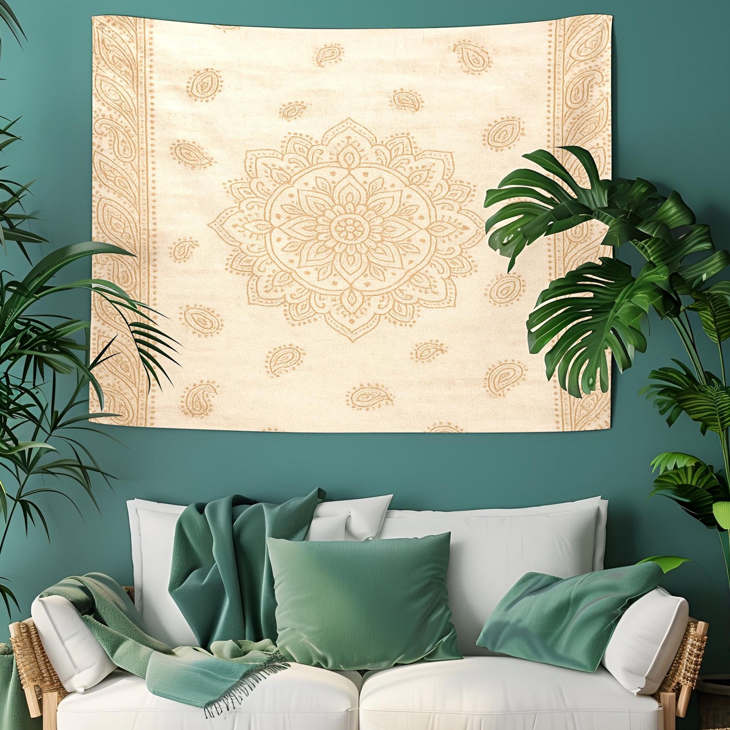 Minimalist Beige Mandala Tapestry – Elegant Boho Wall Hanging with Delicate Floral and Paisley Pattern, Soft Neutral Home Decor Accent
