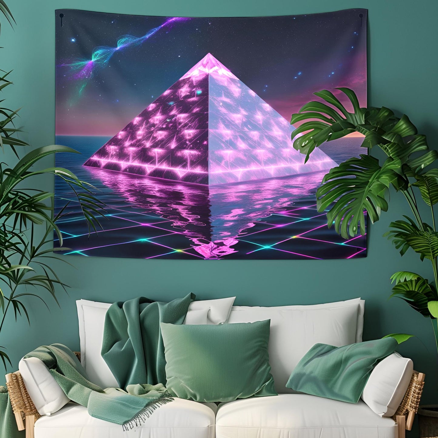 Neon Crystal Pyramid Tapestry, Floating Cosmic Light Prism, Glowing Rainbow Reflections, Geometric Energy Patterns Art, Trippy Tapestry