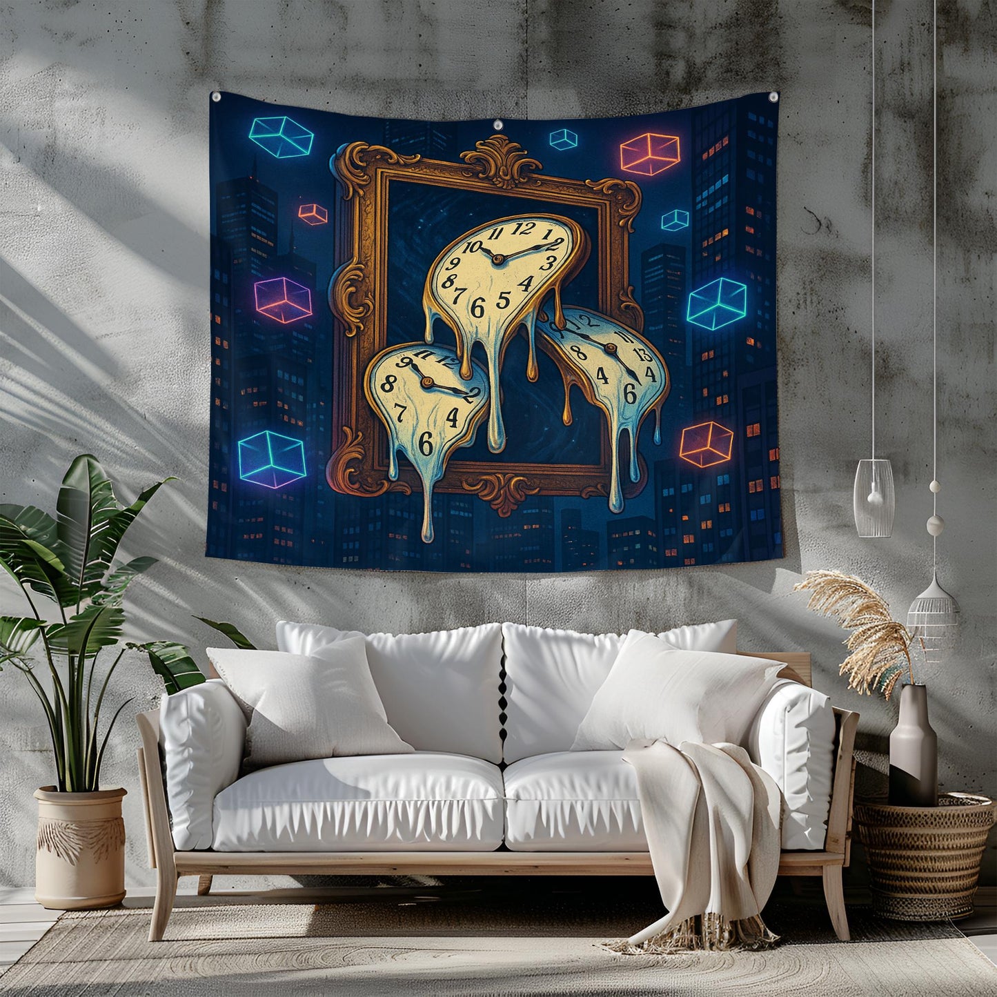 Melting Clocks Tapestry With Floating Neon Cubes, Surreal Cityscape Wall Art, Ornate Frame Time Warp Design, Trippy Gift For Him Or Her