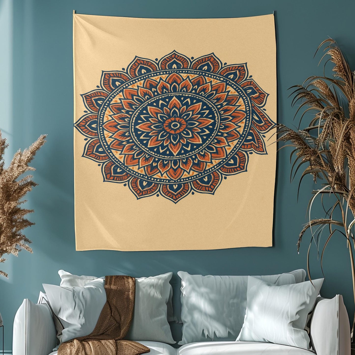 Beige Boho Mandala Tapestry with Blue and Orange Lotus Design – Wall Hanging for Bedroom, Living Room, Yoga or Dorm Decor