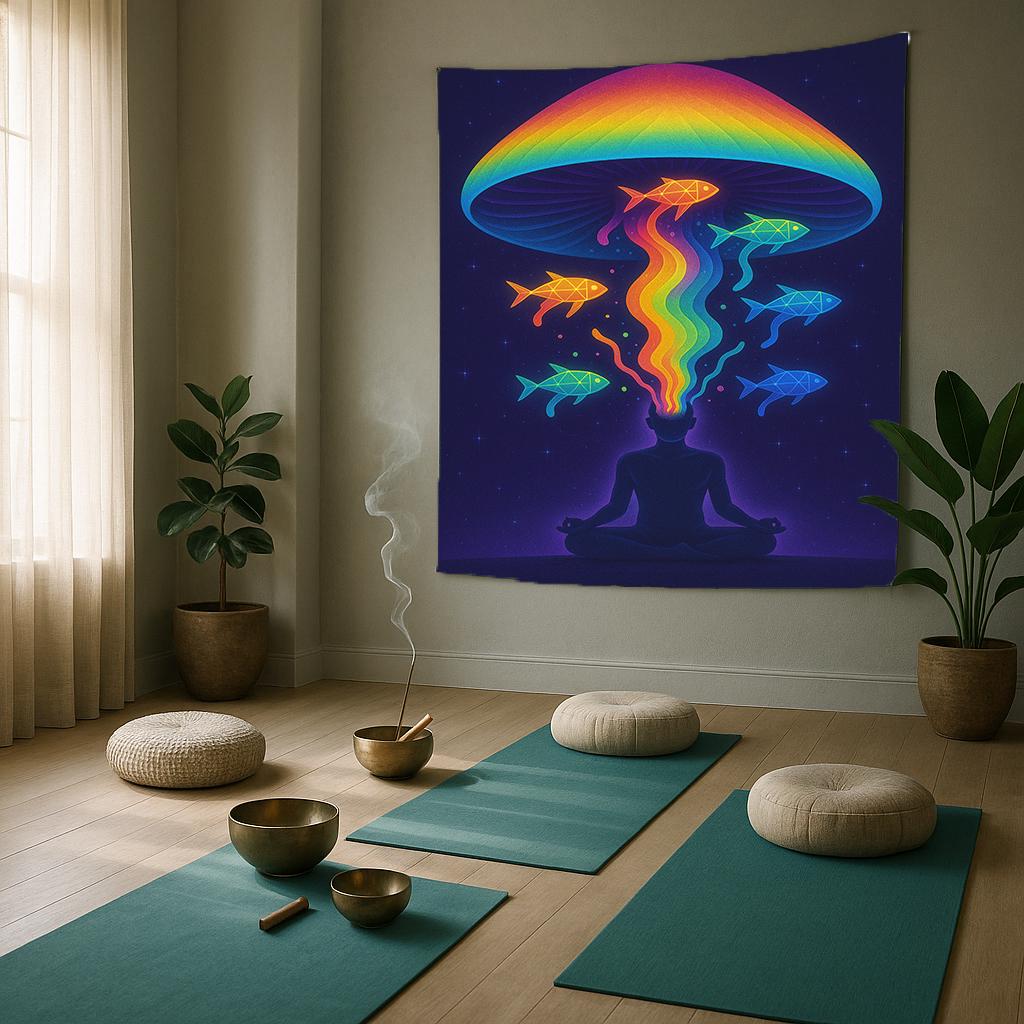 Psychedelic Meditation Tapestry, Rainbow Mind Art, Trippy Wall Decor, Spiritual Room Accent, Boho Visionary Print, Zen Fish Banner