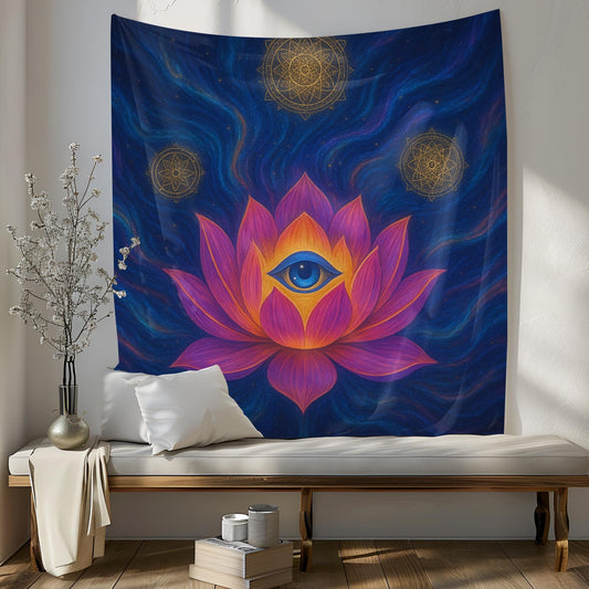 Third Eye Lotus Flower Wall Tapestry, Spiritual Room Decor With Sacred Symbols, Psychedelic Vision Art Gift For Meditation Lovers Or Yogis