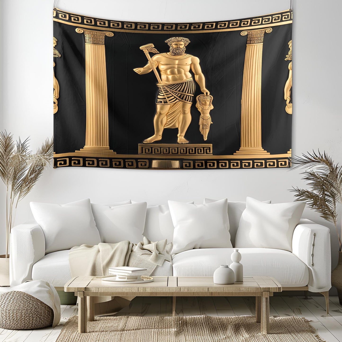 Ancient Greek Tapestry with Meander Motifs, Ionic Columns, Zeus & Athena Figures, Golden Details on Black Ceramic-Style Background