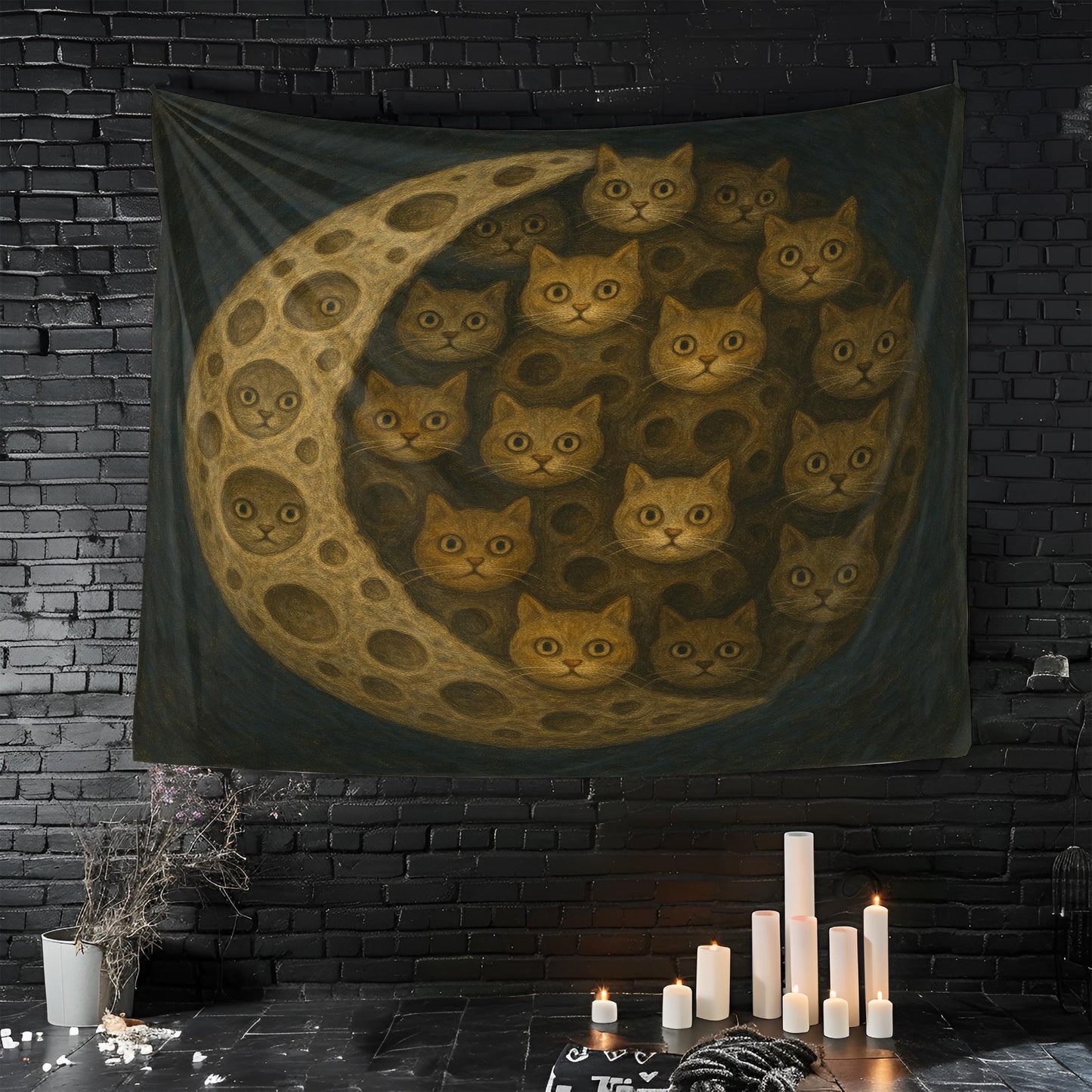 Cat Moon Tapestry Optical Illusion Wall Art, Surreal Feline Print For Cat Lovers, Trippy Dorm Room Decor, Mystical Bedroom Accent Gift