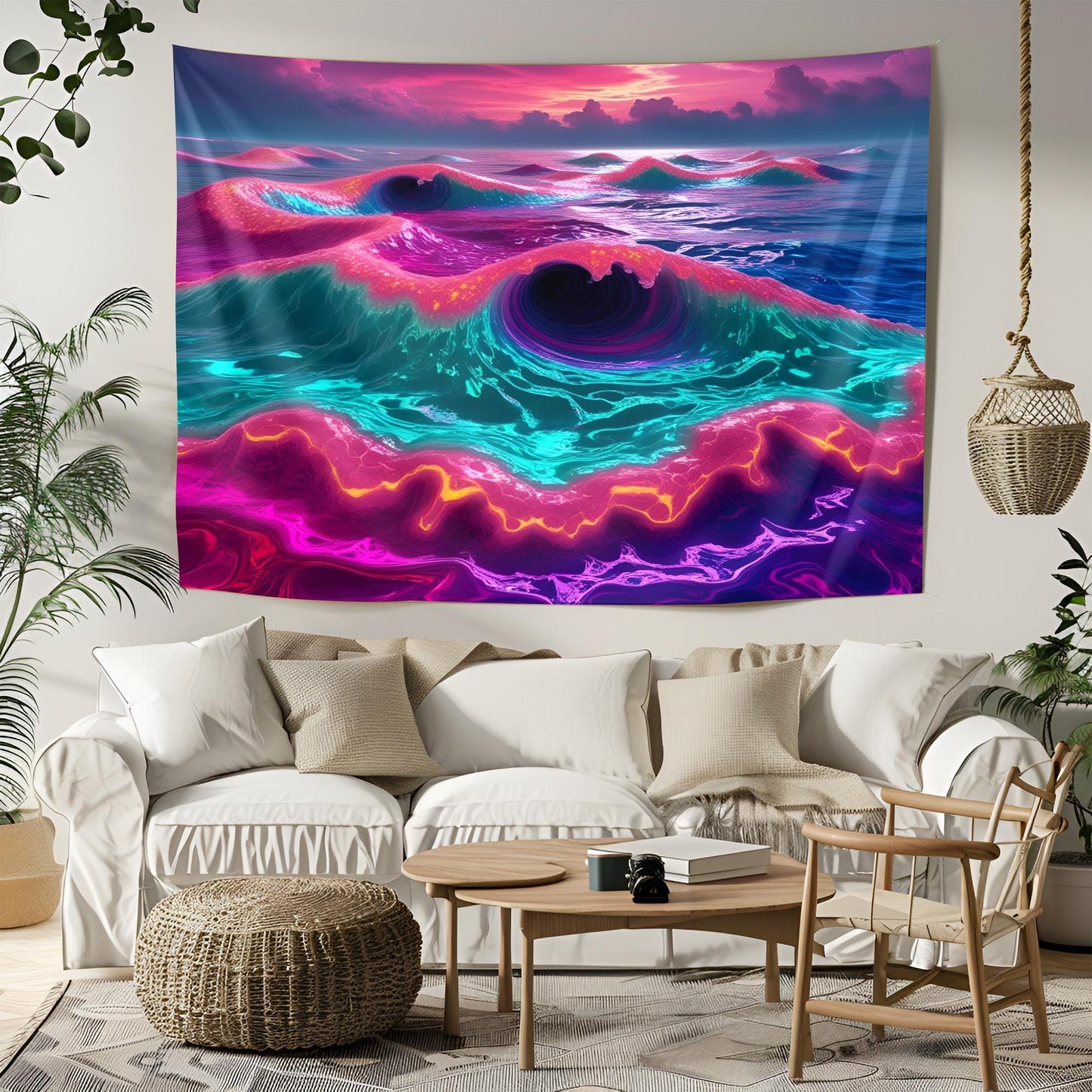 Neon Ocean Tapestry, Liquid Waves & Fractal Spirals, Bioluminescent Foam, Trippy Dreamlike Reflections Wall Art, Psychedelic Tapestry