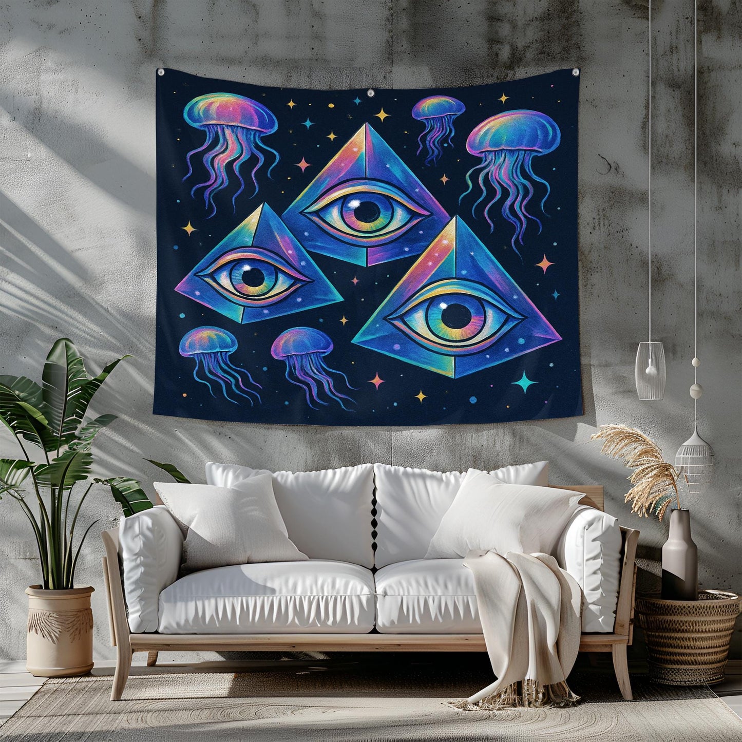 Psychedelic Eye Tapestry With Jellyfish, Trippy Third Eye Wall Hanging, Vibrant Dorm Room Decor, Cool Gift For Teens, Gamers Or Artists