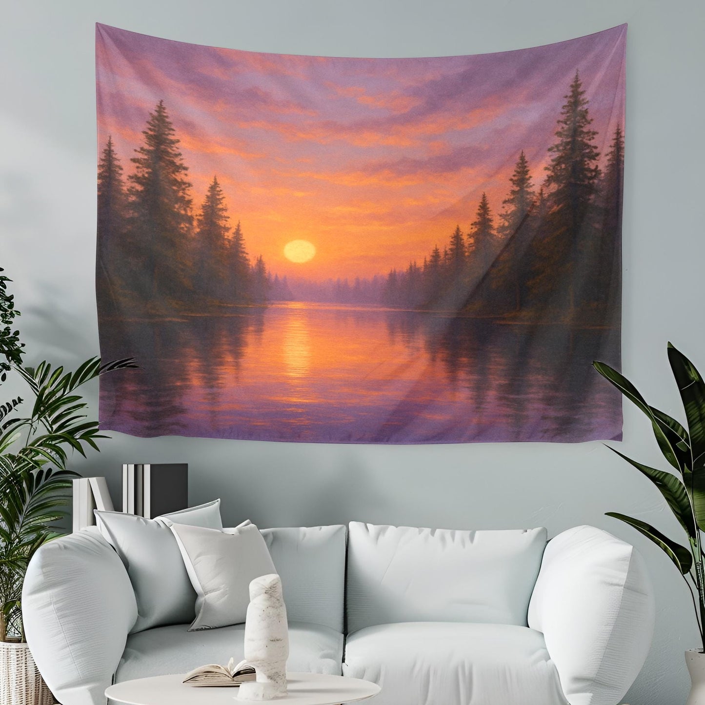 Sunset Lake Tapestry – Serene Forest Wall Hanging, Nature Landscape Wall Art, Tranquil Water Scene for Dorm, Bedroom or Living Room Decor