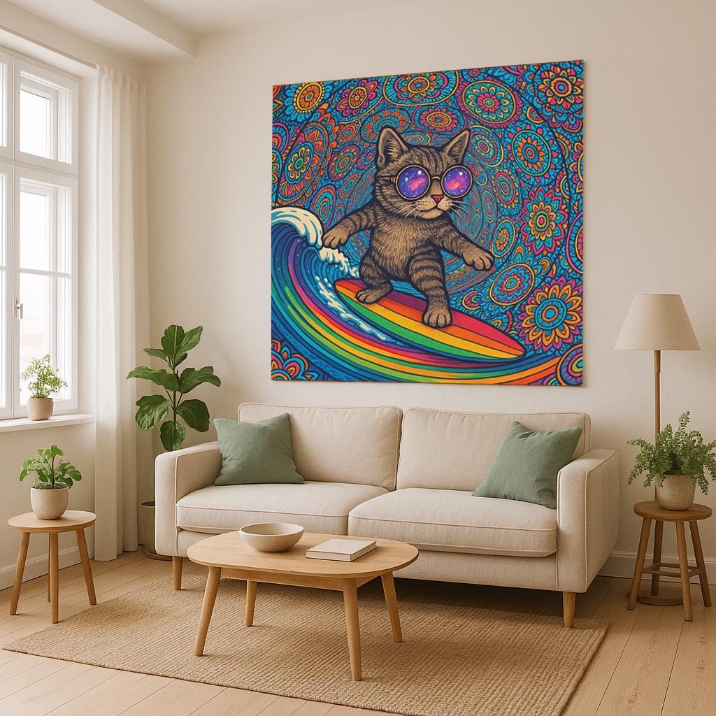 Psychedelic Surfing Cat Wall Tapestry, Trippy Rainbow Surfboard Art with Cool Kitten in Sunglasses, Fun Boho Decor for Dorm or Bedroom