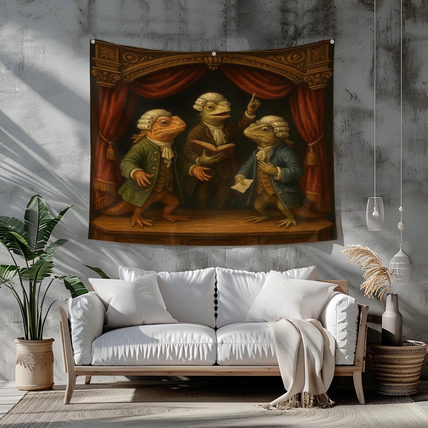Colonial Lizard Courtroom Tapestry, Funny Bearded Dragon Wall Art, Historic Theater Reptile Print For Home Office Or Dorm Decor Gift
