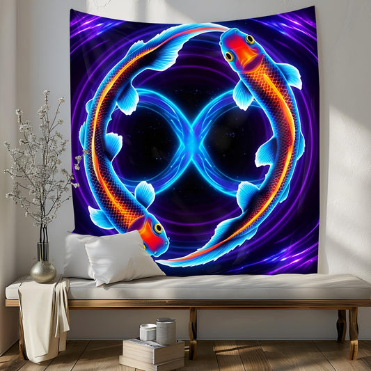 Neon Koi Fish Infinity Tapestry, Glowing Cosmic Water Ripples, Psychedelic Blue Purple Art, Mesmerizing Symbol of Balance & Energy Flow