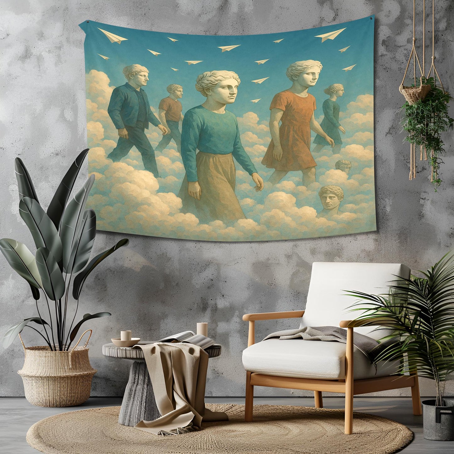 Cloud Walkers Tapestry With Ancient Sculpture Heads And Reverse Paper Planes, Surreal Dreamscape Wall Art, Thoughtful Gift For Him Or Her