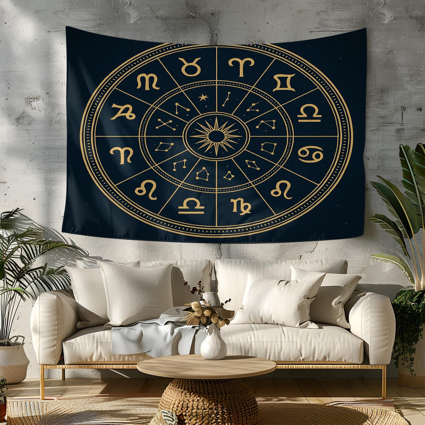 Golden Zodiac Sign Tapestry with Astrological Constellations – Boho Celestial Wall Decor for Astrology Enthusiasts and Spiritual Spaces