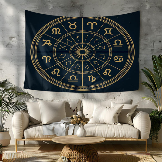 Golden Zodiac Sign Tapestry with Astrological Constellations – Boho Celestial Wall Decor for Astrology Enthusiasts and Spiritual Spaces