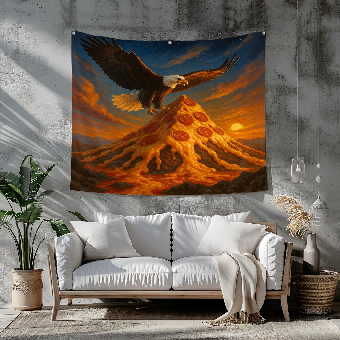 Patriotic Eagle On Pizza Mountain Tapestry, Funny Wall Art For Dorm Room, Bold Americana Galaxy Decor, Unique Gift For Pizza Or Eagle Lover