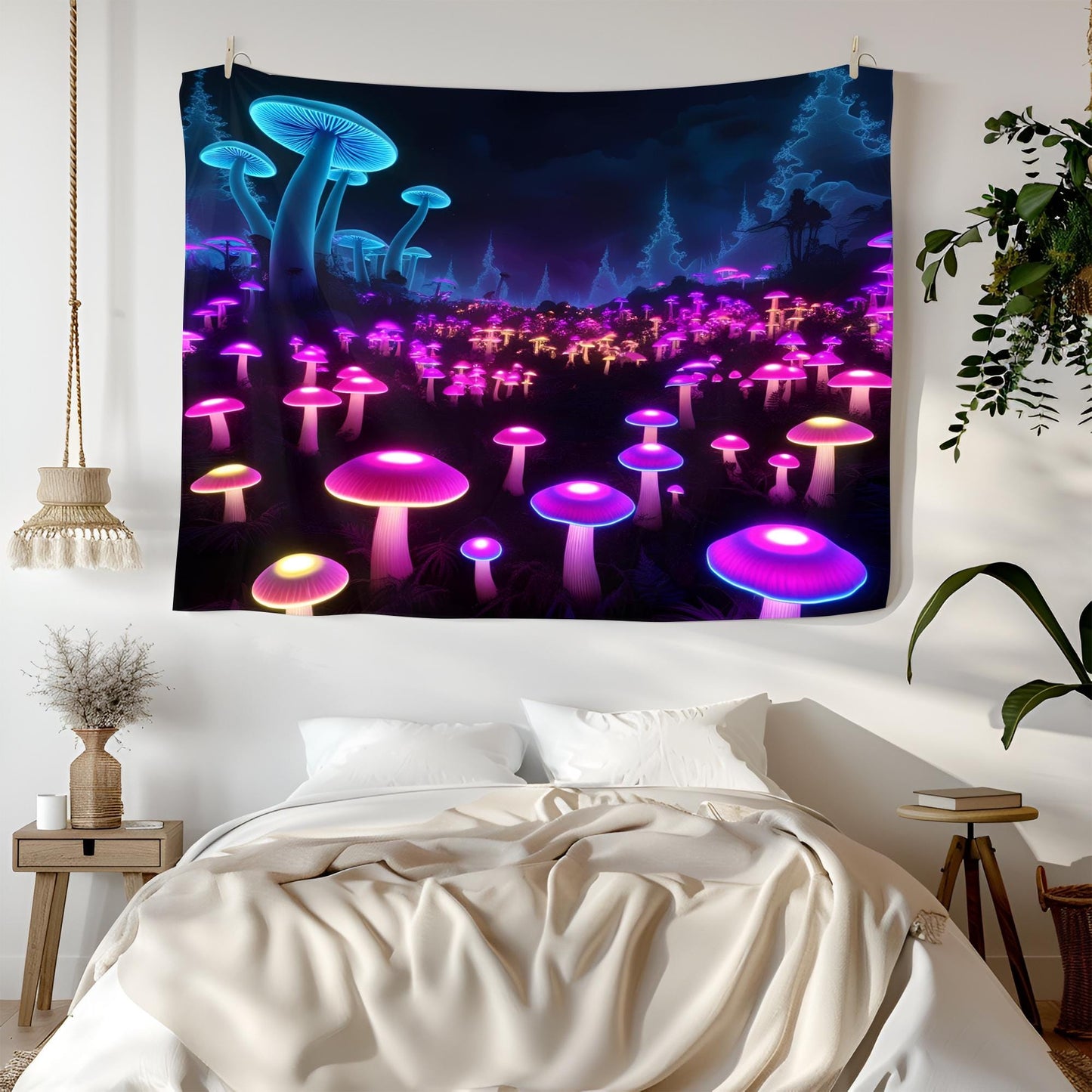Glowing Bioluminescent Mushroom Forest Tapestry, Neon Fungi Dreamscape, Surreal Fractal Background, Dark Purple Blue Psychedelic Art