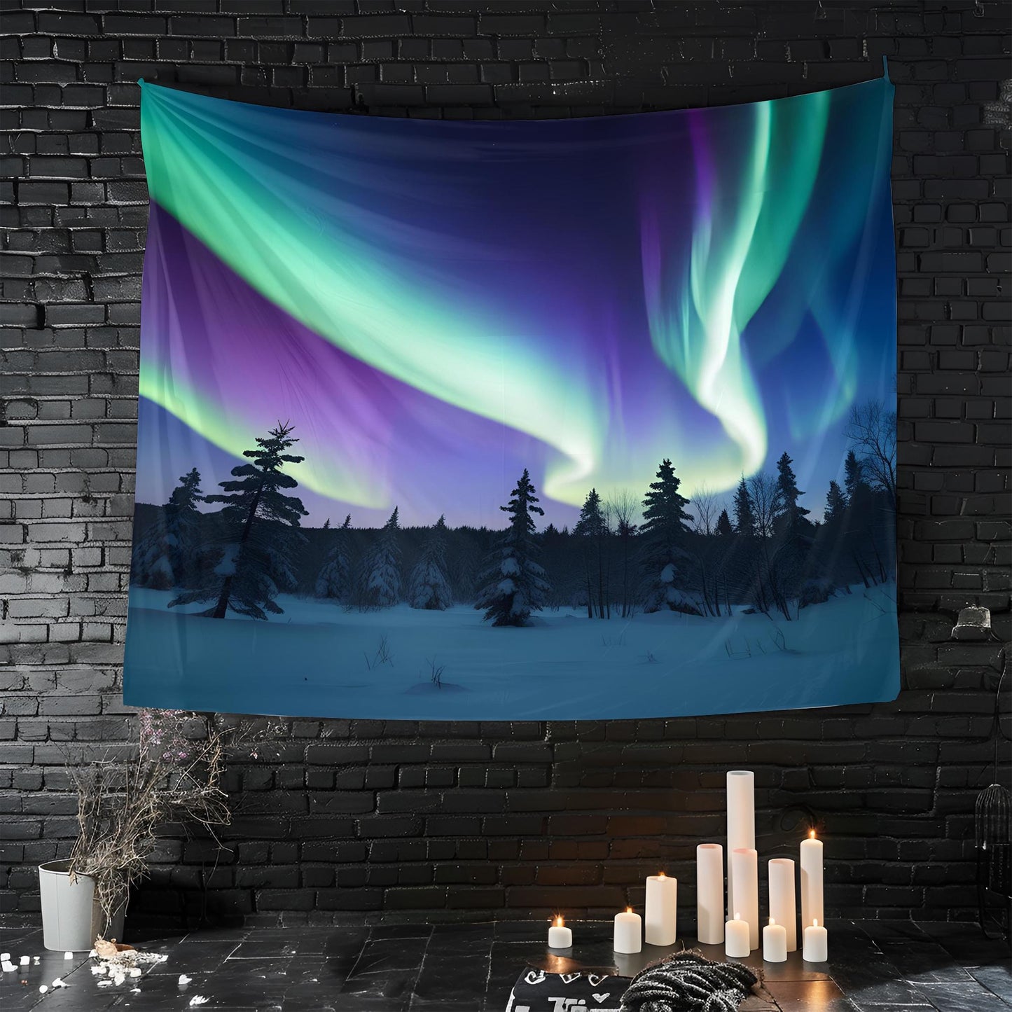 Snowy Forest Tapestry, Vibrant Aurora Borealis Sky with Swirling Northern Lights, Deep Blue Purple Minimalist Pine Silhouette Art