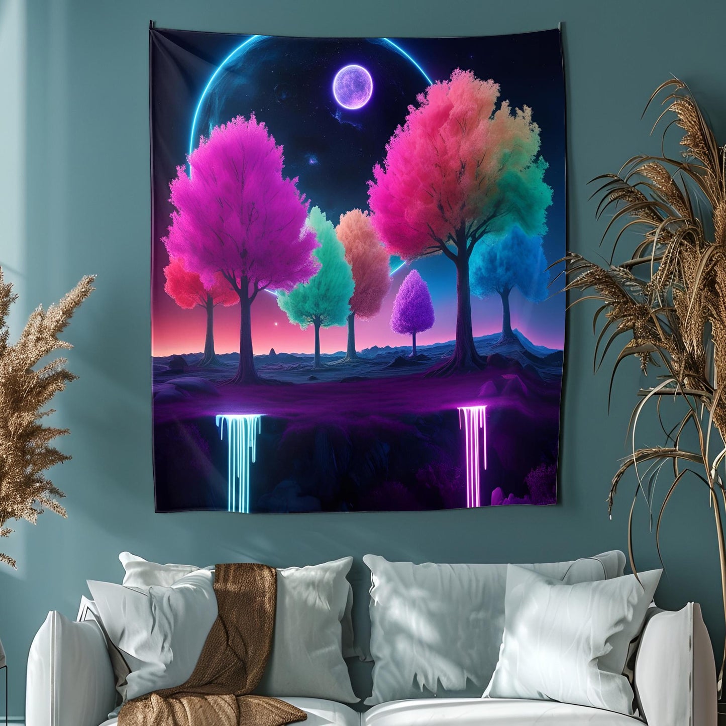 Surreal Nighttime Landscape Tapestry, Glowing Neon Rainbow Trees Floating in Cosmic Sky with Dripping Neon Light, Deep Dreamy Vibe