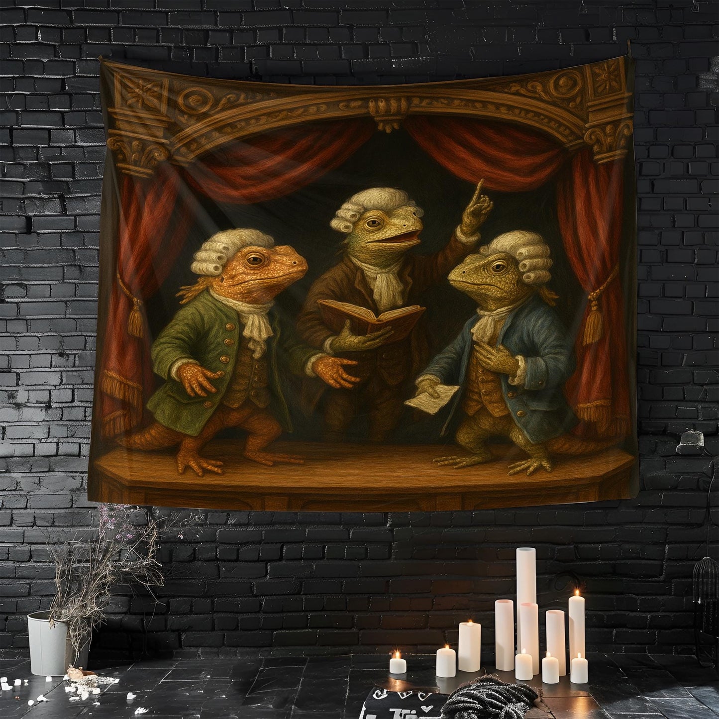 Colonial Lizard Courtroom Tapestry, Funny Bearded Dragon Wall Art, Historic Theater Reptile Print For Home Office Or Dorm Decor Gift
