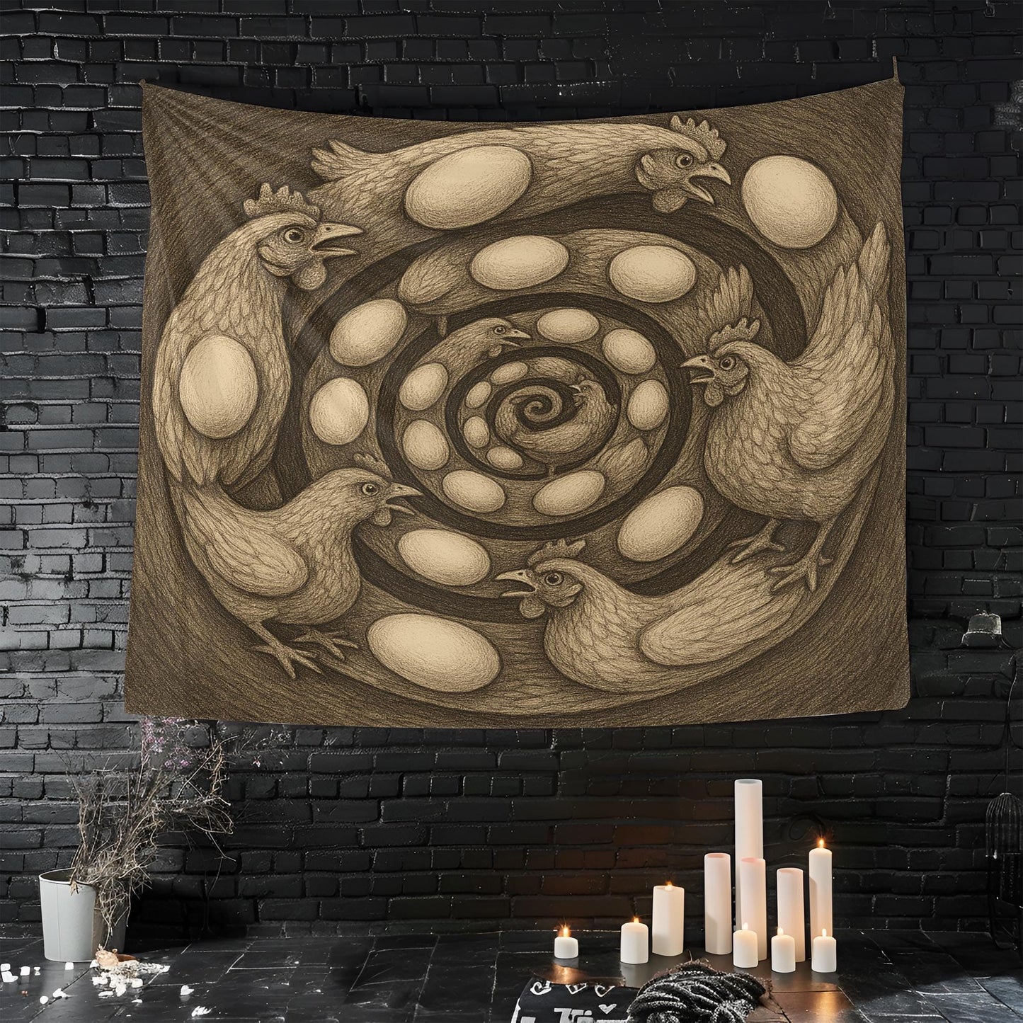 Spiral Chicken Egg Tapestry, Surreal Farmhouse Wall Art, Optical Illusion Hen Print For Kitchen, Dorm Room Or Rustic Country Home Decor