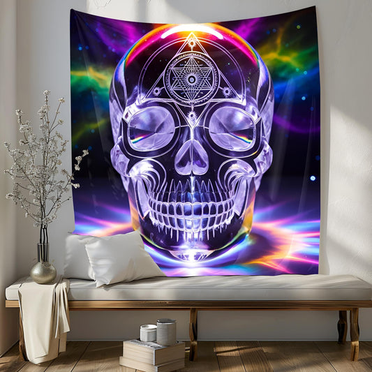 Translucent Crystal Skull Tapestry, Glowing Rainbow Hues, Sacred Geometry Carvings, Cosmic Energy Pulsating, Psychedelic Surreal Art