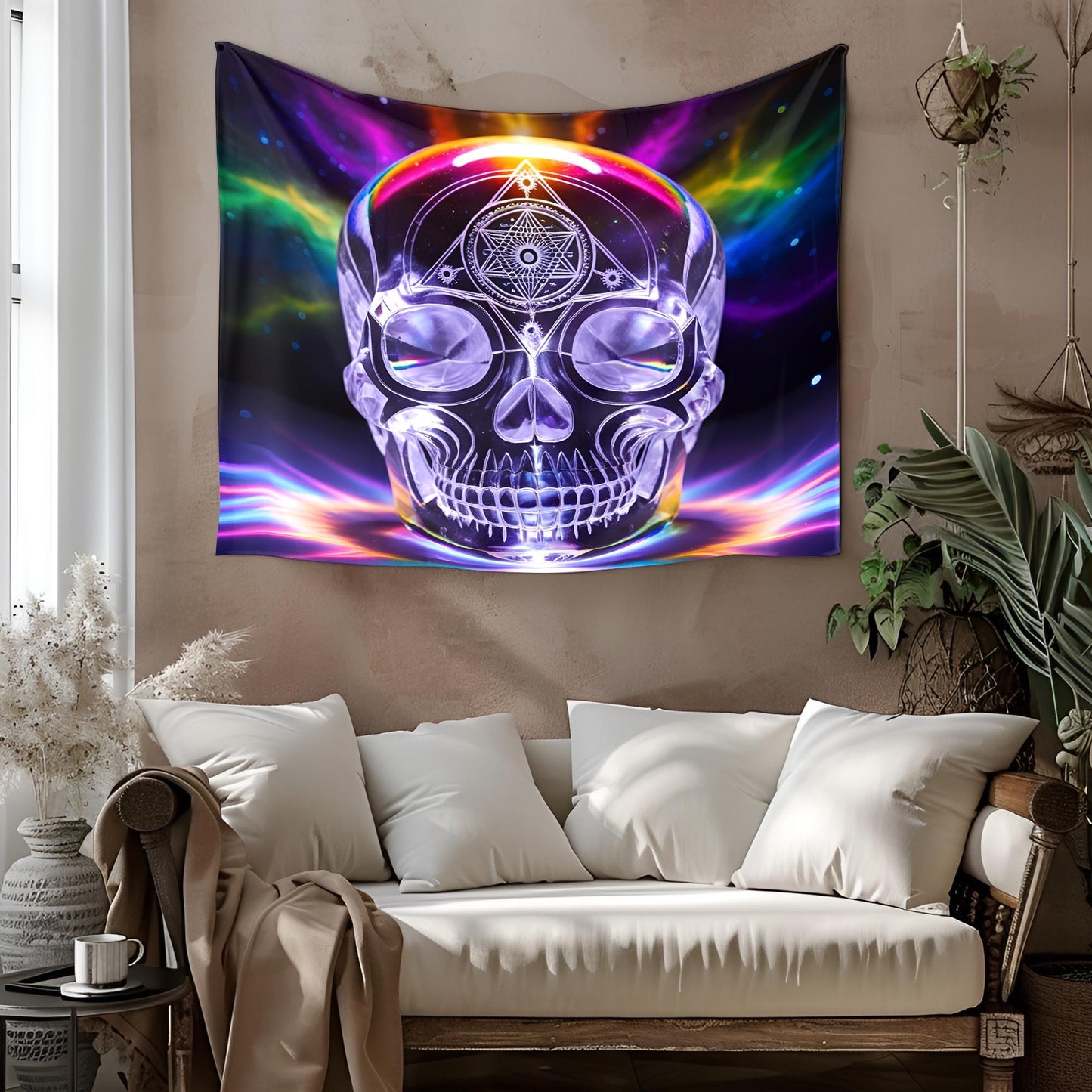 Translucent Crystal Skull Tapestry, Glowing Rainbow Hues, Sacred Geometry Carvings, Cosmic Energy Pulsating, Psychedelic Surreal Art