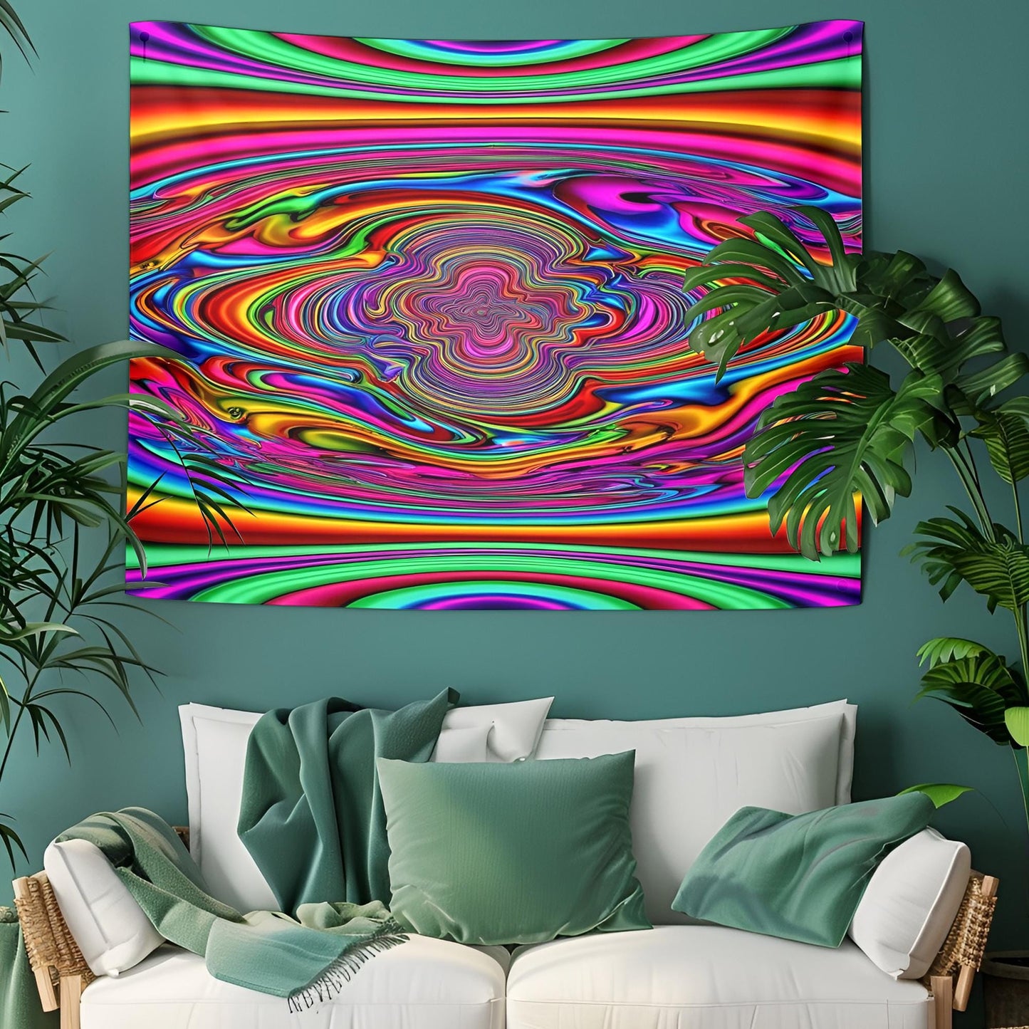 Liquid Swirling Neon Landscape Tapestry, Infinite Reflections & Shifting Patterns, Trippy Optical Illusion Psychedelic Mind-Bending Art