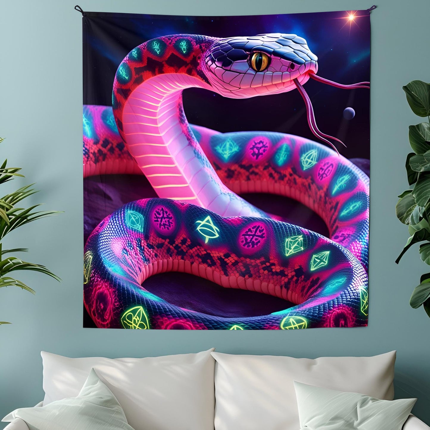Psychedelic Neon Snake Tapestry, Shifting Fractal Patterns & Sacred Symbols, Cosmic Serpent Wall Art, Glowing Trippy Decor, Tapestry Trippy