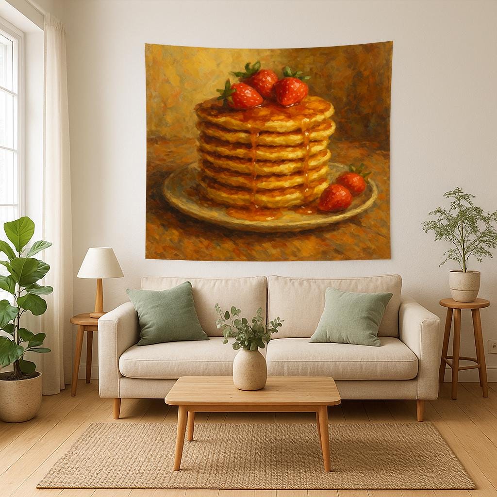 Pancake Stack Wall Tapestry with Strawberries and Syrup, Cozy Breakfast Food Art Print for Kitchen, Dining Room or Café Style Wall Decor