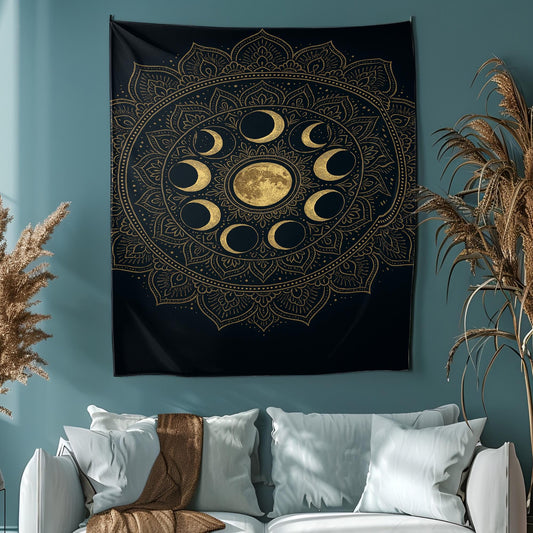 Symmetrical Full Frame Moon Phase Tapestry with Mandala Design and Gold Line Details on Dark Navy Blue Background Wall Hanging