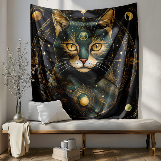 Mystical Third Eye Cat Tapestry - Celestial Astrology Wall Hanging - Cosmic Feline Decor - Witchy Home Art - Occult & Spiritual Tapestry