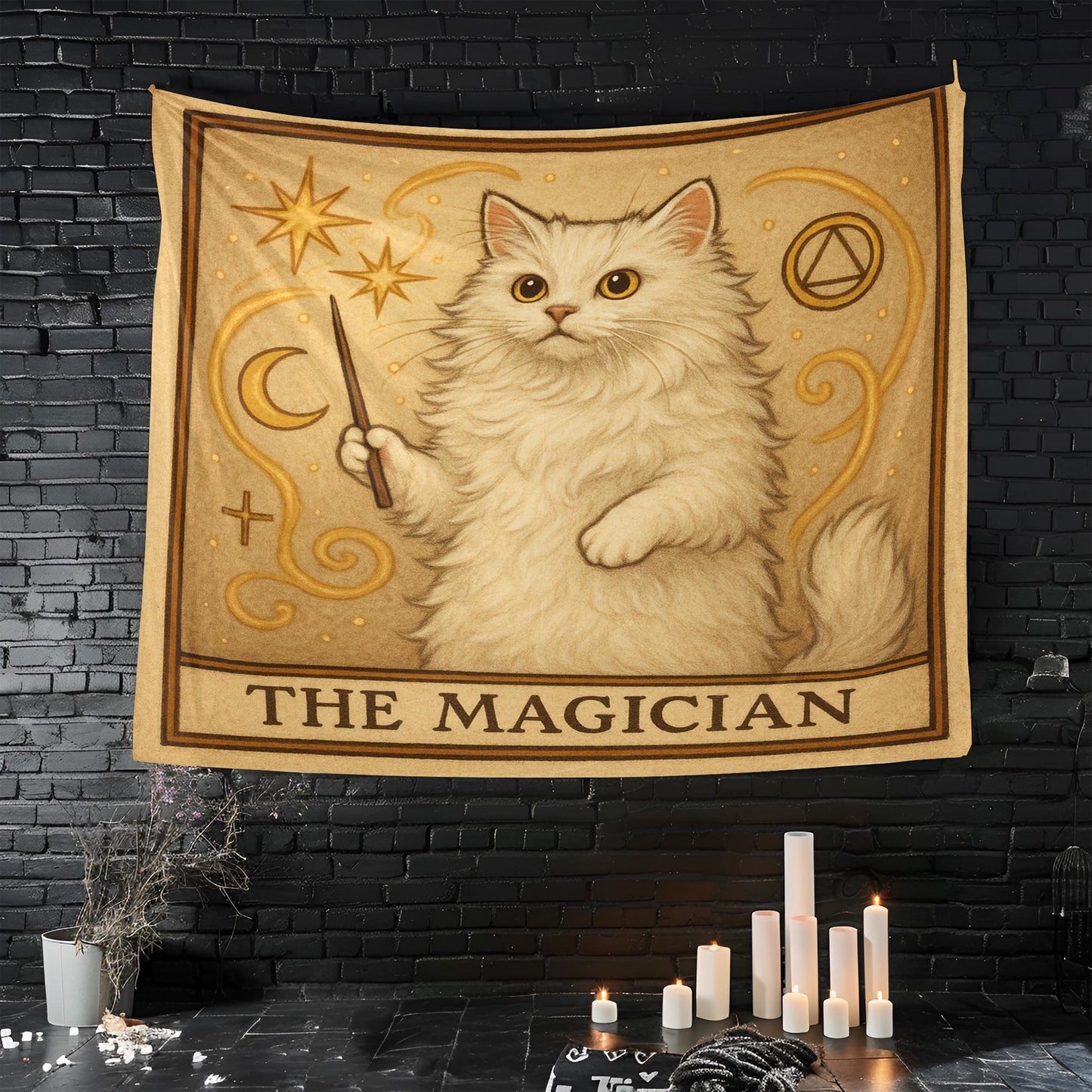 The Magician Cat Tapestry – Tarot Wall Hanging, White Cat Witchy Decor, Mystical Boho Tapestry for Spiritual or Bedroom Spaces
