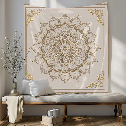 Symmetrical Indian Mandala Tapestry, Delicate Gold Filigree Details, Subtle Decorative Frame, Square Layout, Elegant Boho Wall Art