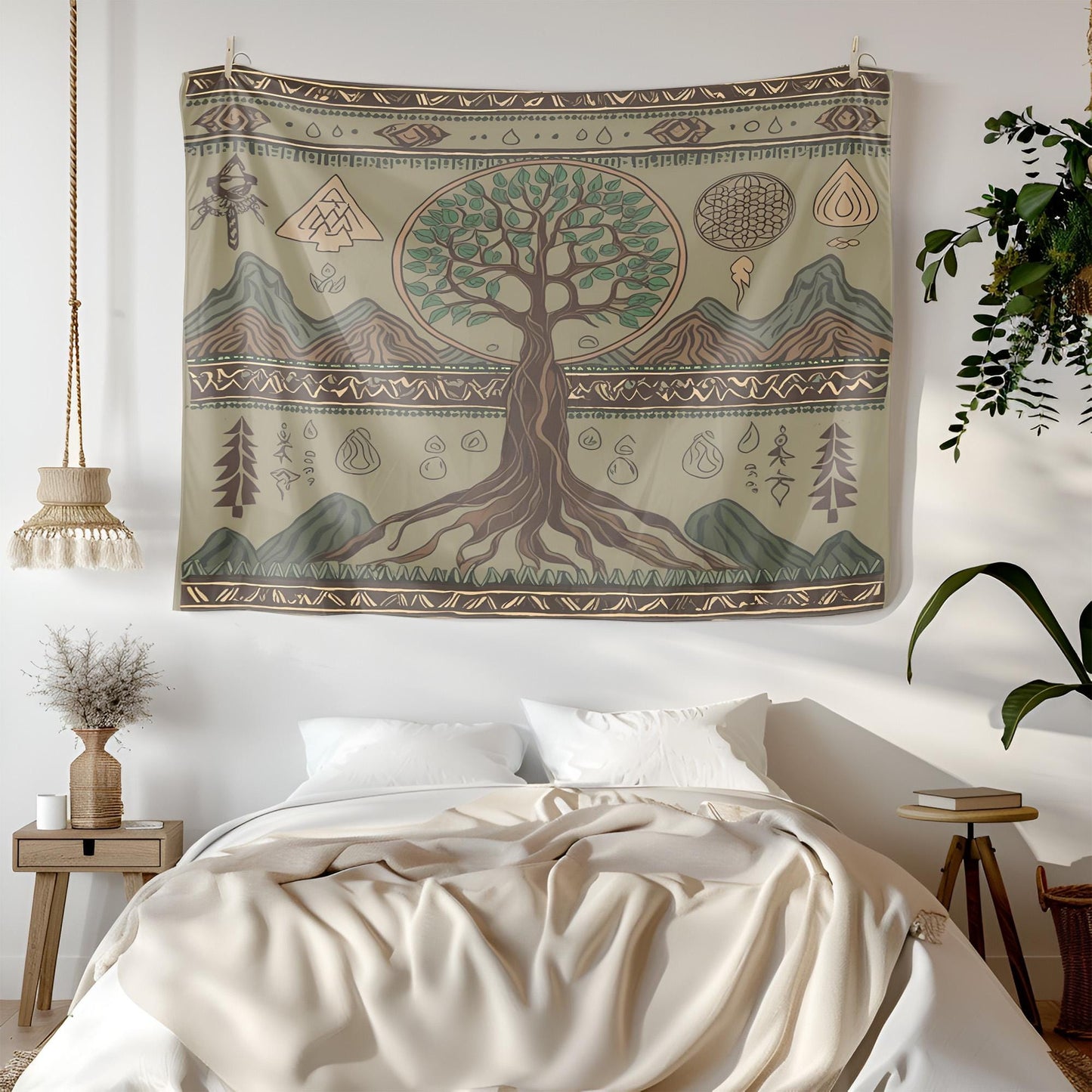Shamanistic Tree of Life Tapestry, Spiritual Symbol Wall Art, Earthy Green Muted Brown Decor, Nomadic Mountain Water Motifs, Room Tapestry