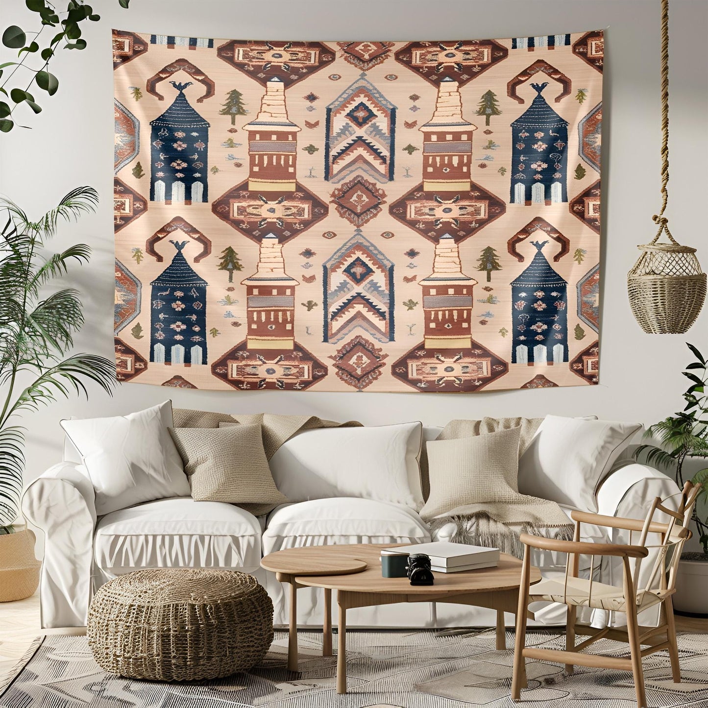 Cappadocia Turkish Tapestry, Fairy Chimneys Wall Hanging, Anatolian Rug Pattern Decor, Dusty Rose Terracotta Deep Blue Art