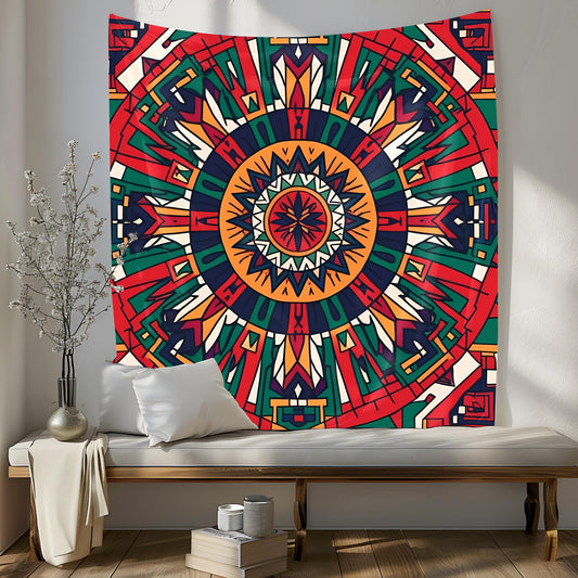 Bold Symmetrical Mandala Tapestry, Aztec Geometric Patterns with Structured Grid, Precision-Aligned Tribal Design, Cultural Wall Art