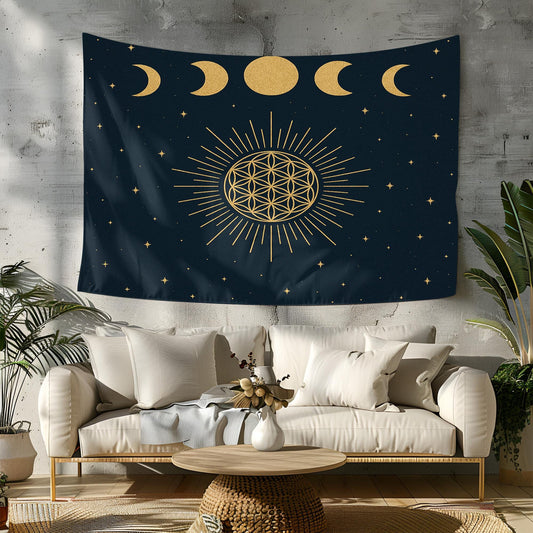 Celestial Moon Phase Wall Tapestry with Sacred Geometry and Stars in Gold on Black – Boho Spiritual Decor for Bedroom Yoga or Meditation