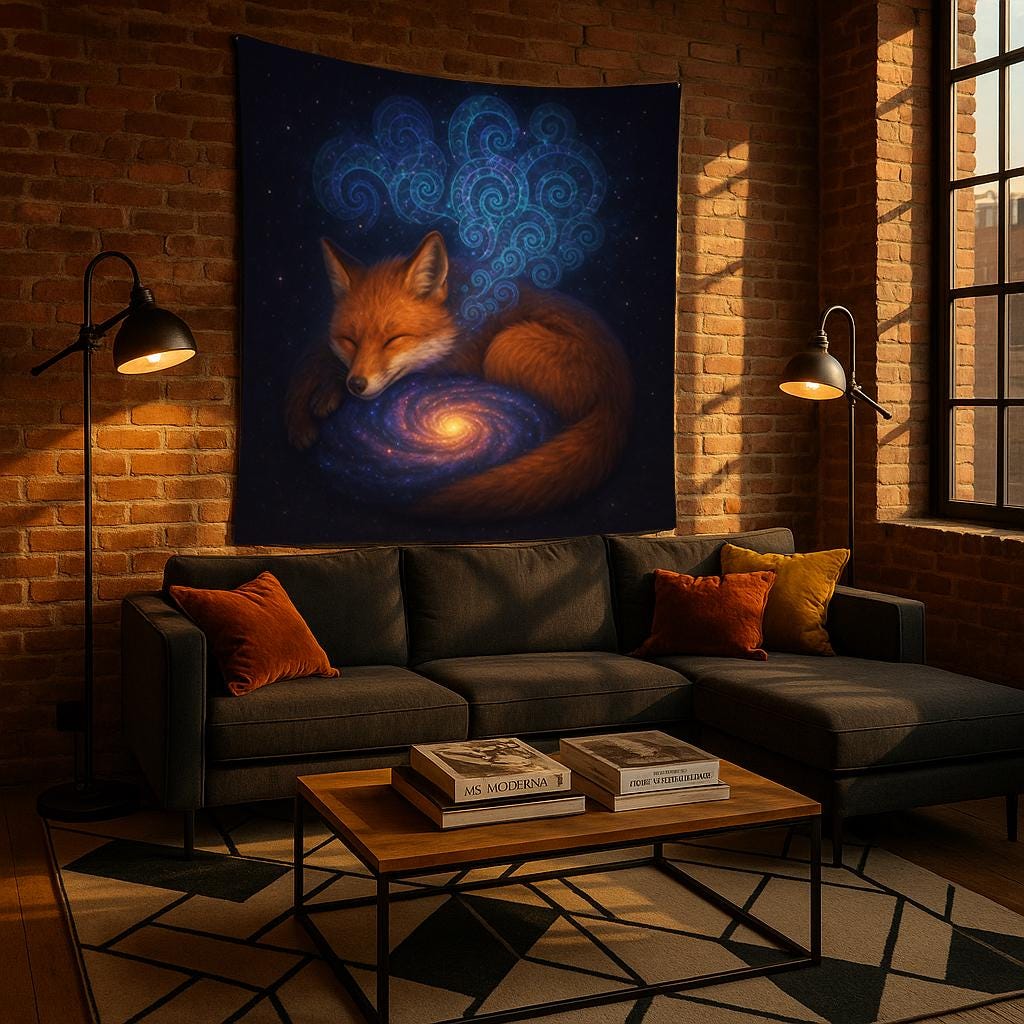 Sleeping Fox Galaxy Wall Tapestry, Mystical Animal and Universe Art Print, Dreamy Celestial Decor for Boho Bedroom or Meditation Space
