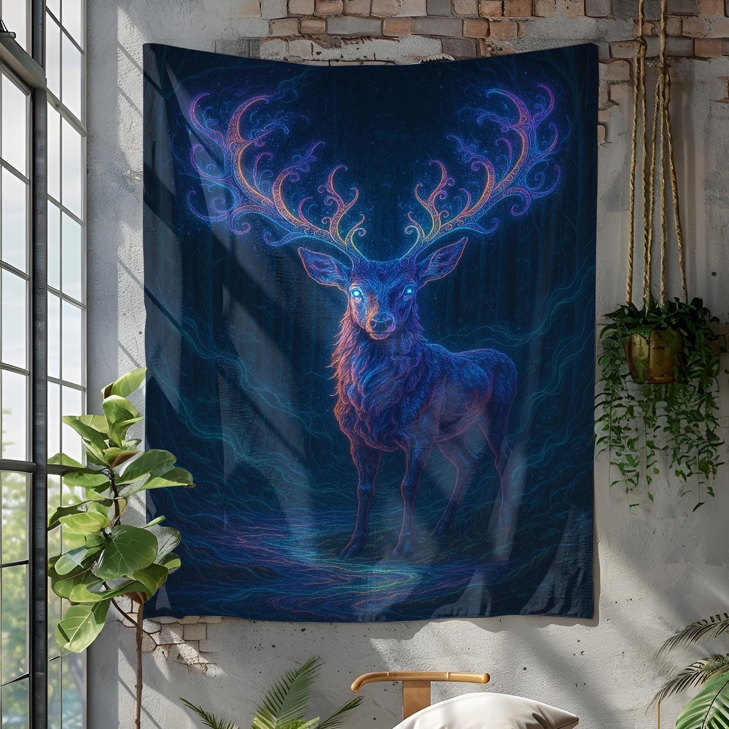 Glowing Deer Surrounded by Mystical Energy Waves Standing in Dark Surreal Forest Tapestry Deer Tapestry Room Decor, Wallhang, Deer Wallhang