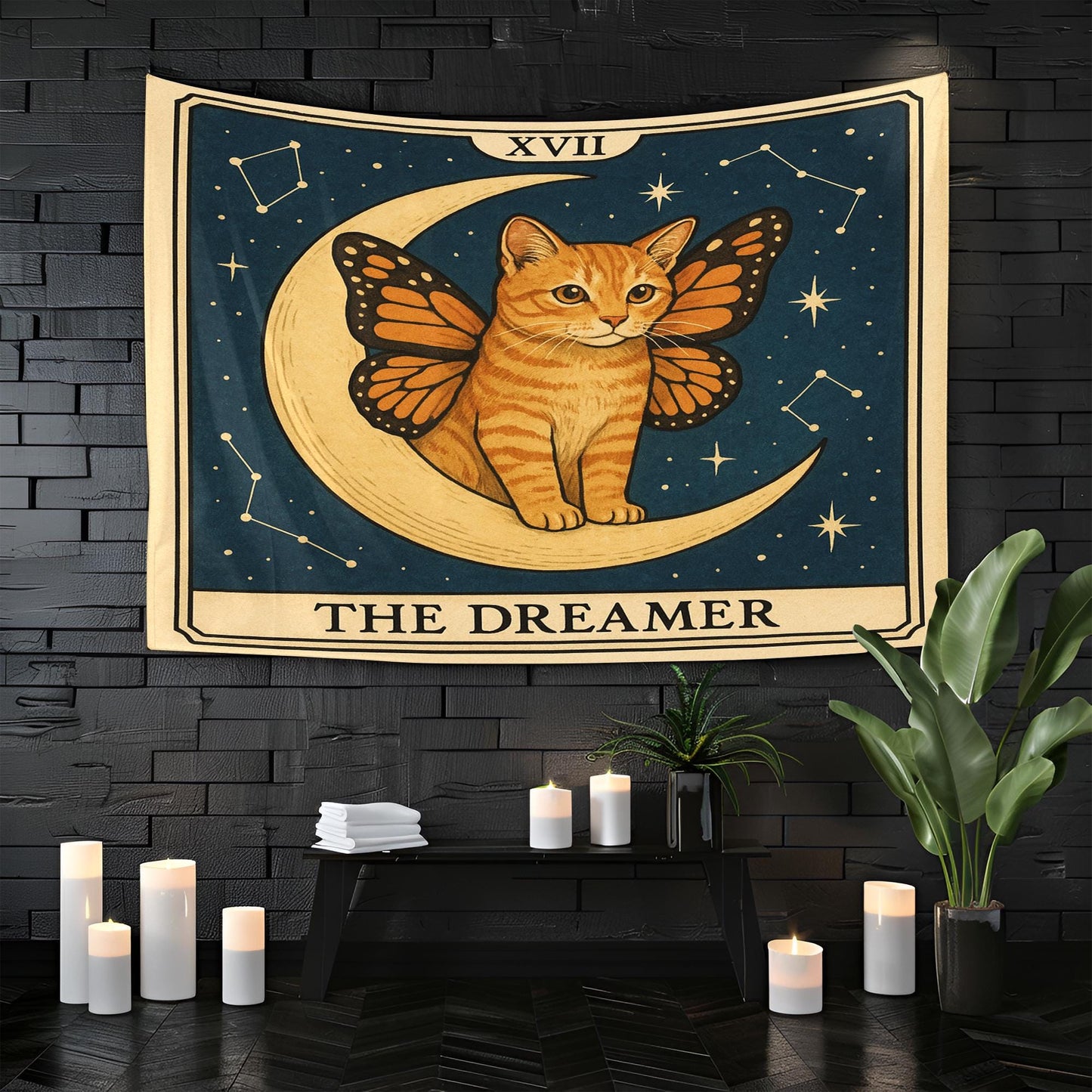 The Dreamer Cat Tapestry – Celestial Cat Wall Art, Butterfly Wing Cat Decor, Magical Tarot-Inspired Tapestry for Boho or Bedroom Walls