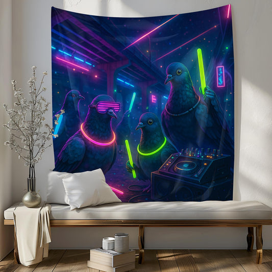 Neon Rave Pigeon Tapestry, Funny Glow Party Wall Art For Dorm Or Game Room, DJ Pigeon Decor, Cool Gift For Bird Lovers And Party Fans