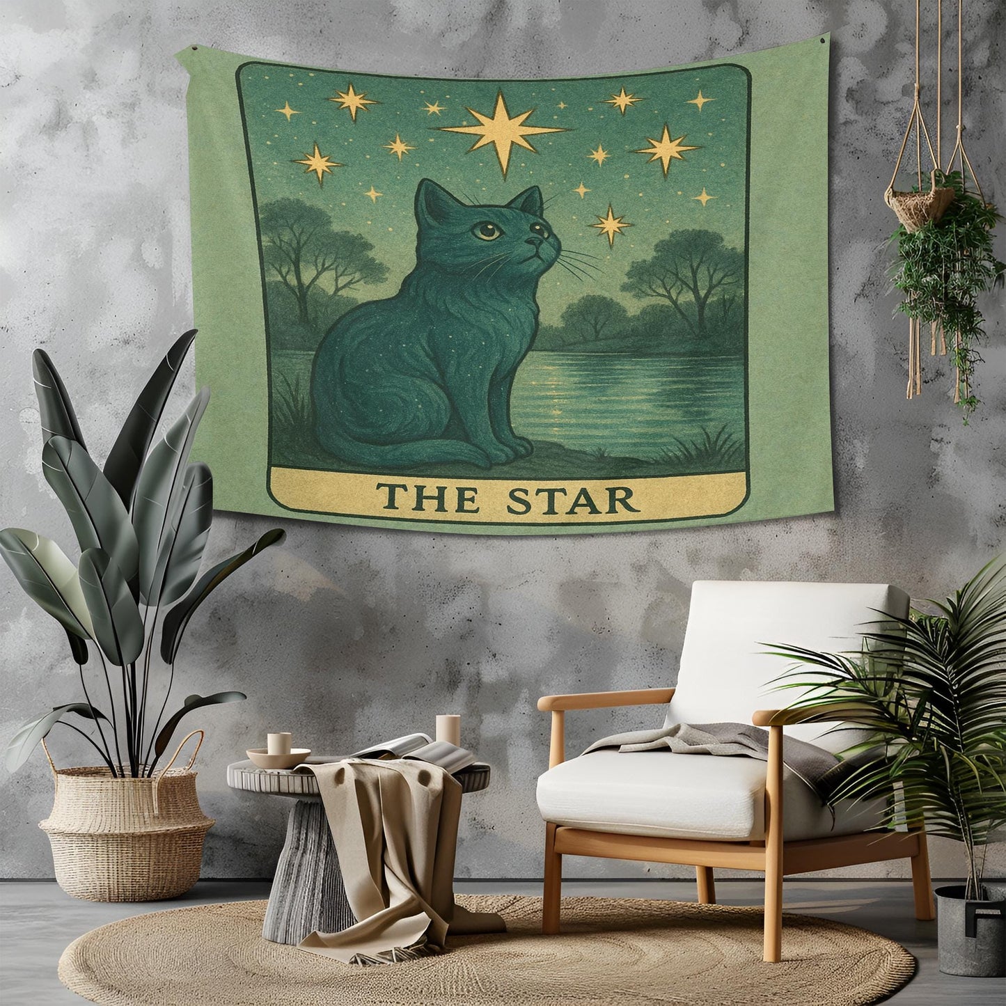 The Star Cat Tapestry – Celestial Tarot Wall Art, Mystical Cat Tapestry for Boho, Spiritual or Dorm Room Decor, Tarot Cat Tapestry