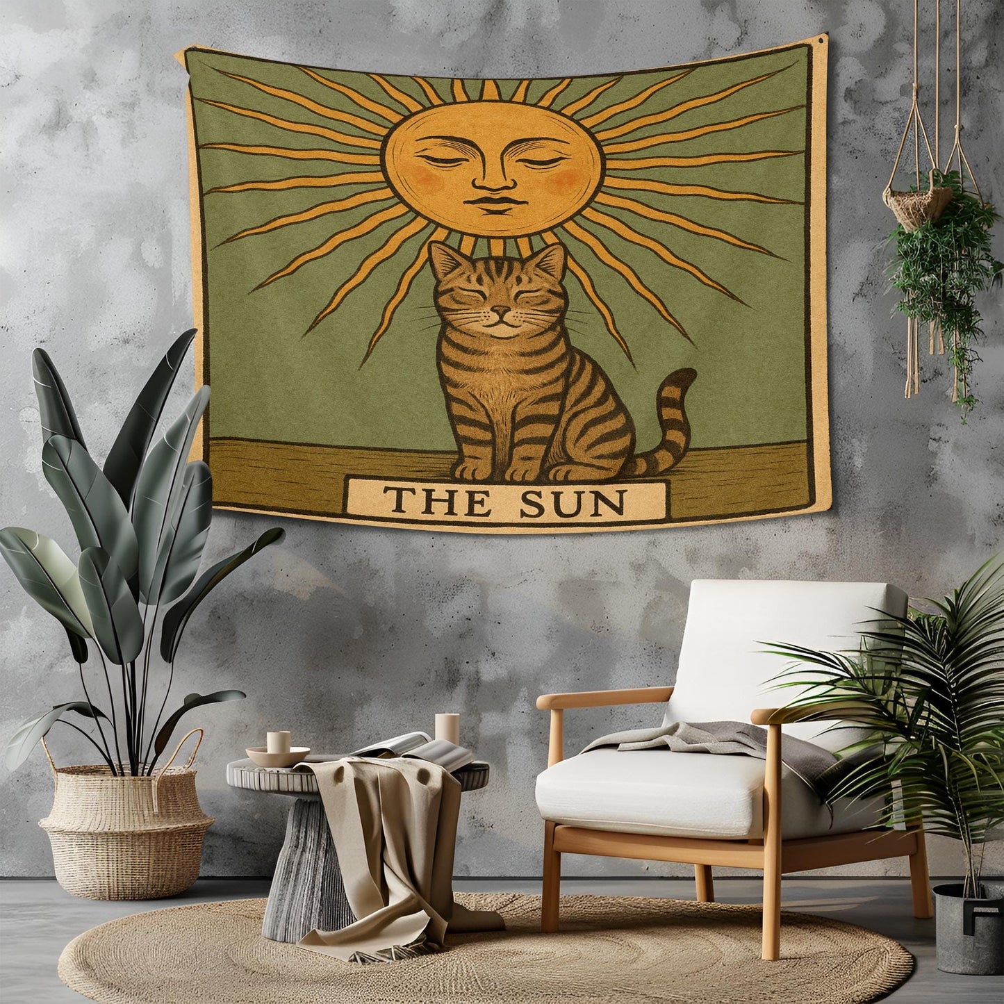 The Sun Cat Tapestry – Tarot-Inspired Wall Hanging, Mystical Boho Cat Wall Art, Celestial Decor for Bedroom, Dorm or Meditation Space